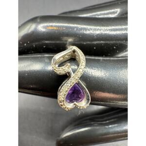 LA Designer Sterling Silver 925 Signed Amethyst Diamond Two Hearts Ring Sz 7